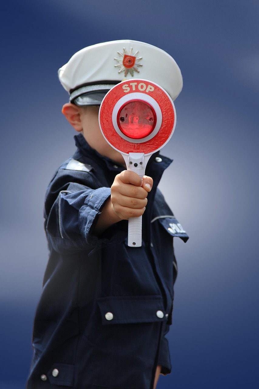 police, trowel, stop, boy, disguise, child, fun, cap, warning, sign, writing, stop, stop, stop, stop, warning, warning, warning, warning, warning
